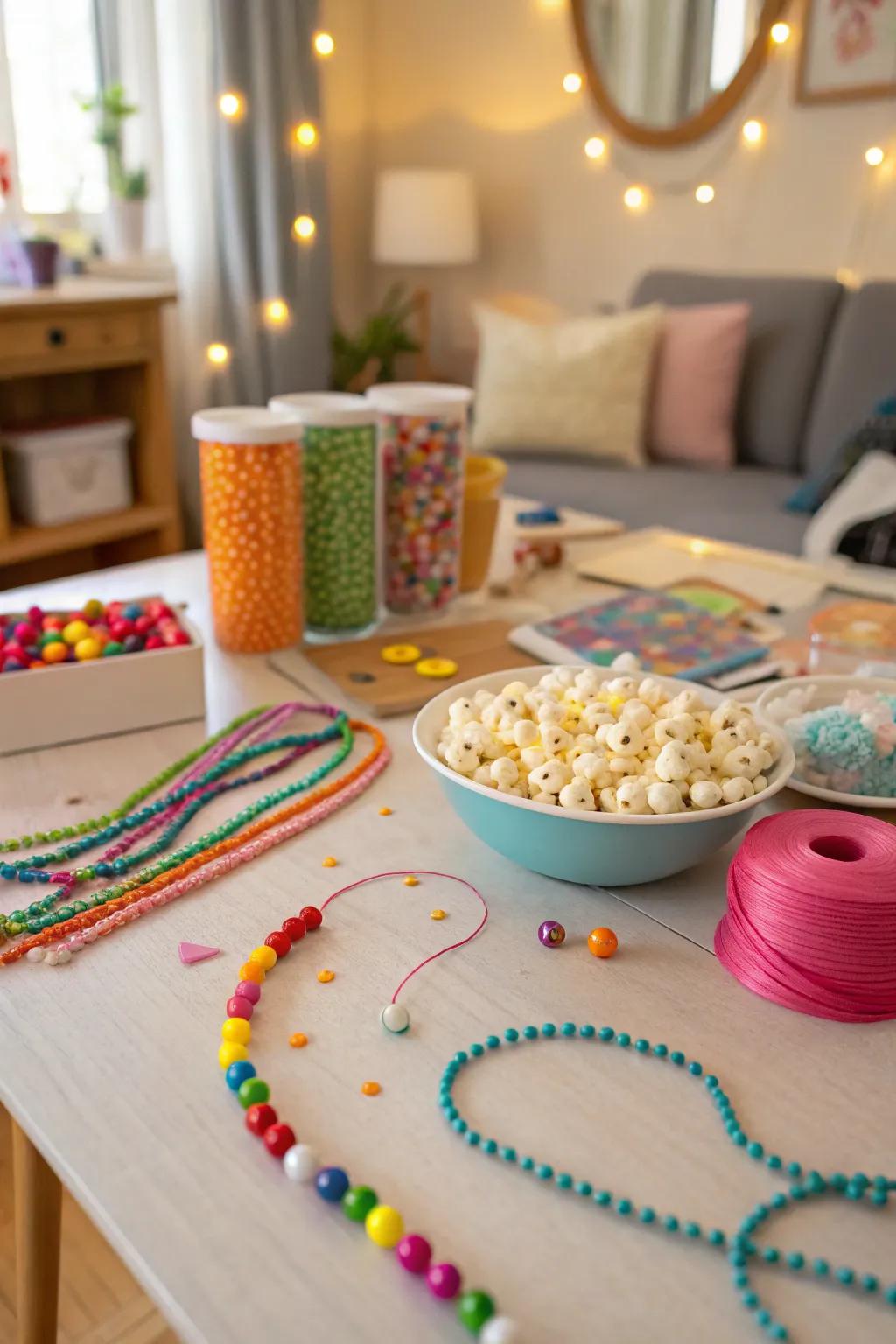 Crafting popcorn necklaces for a pleasurable and whimsical adjunct.