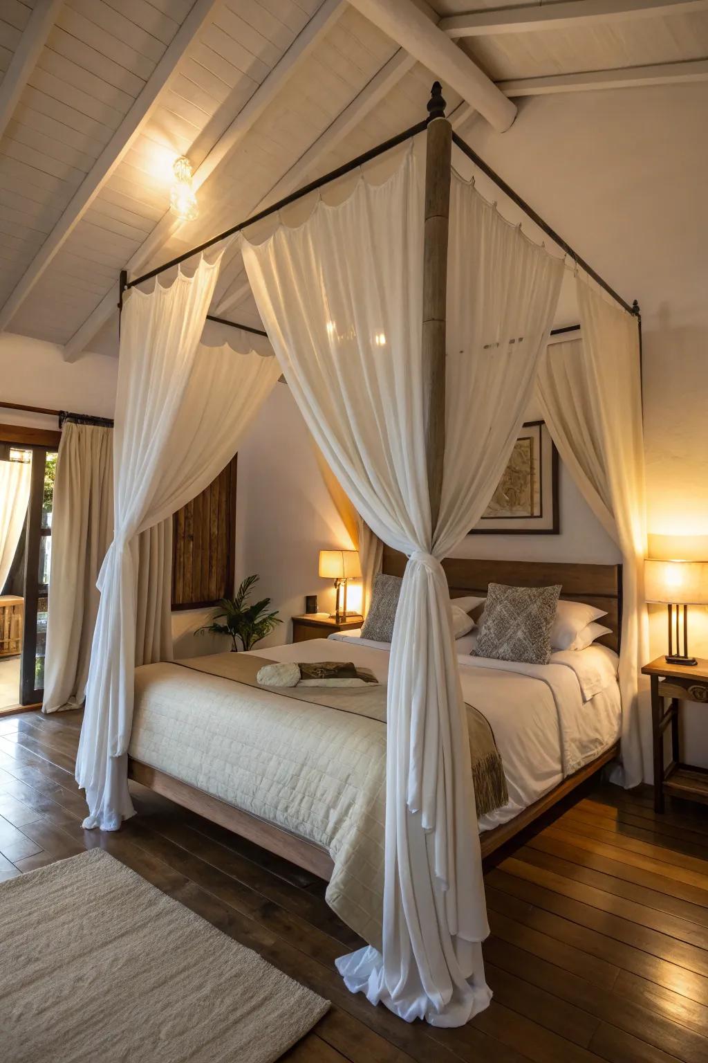 A canopy bed evokes a dreamy, natural retreat.