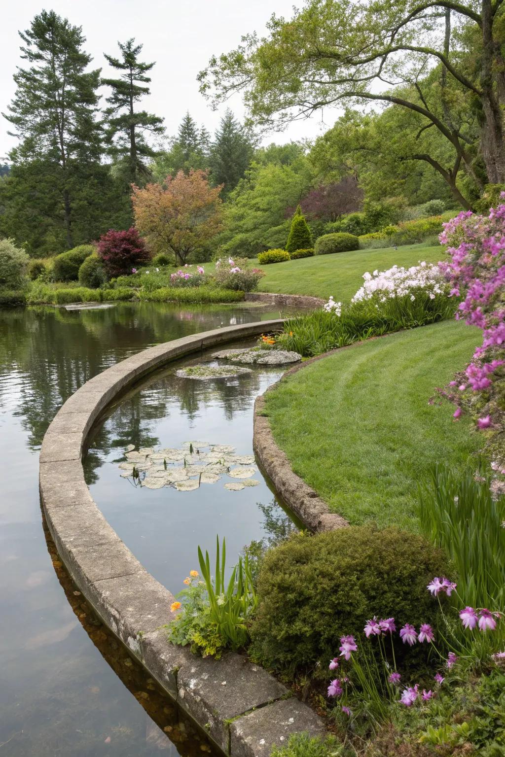 Undulating borders fashioning a native and harmonious water garden configuration.