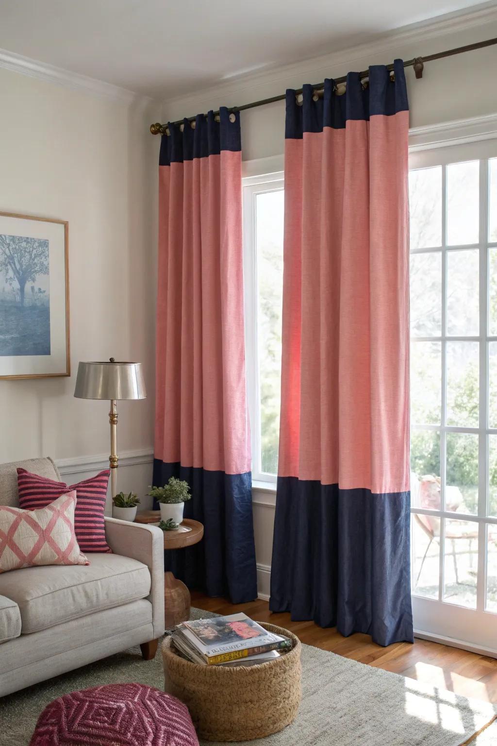 Layered curtains in rose and sapphire create a dynamic look.