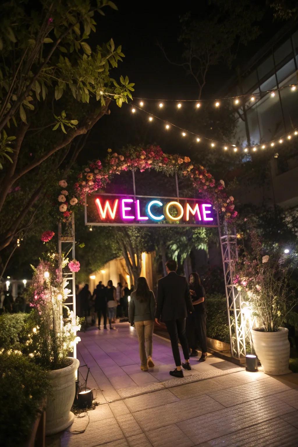 Entrance with a personalized radiant marker, warmly welcoming guests to the vibrant party.