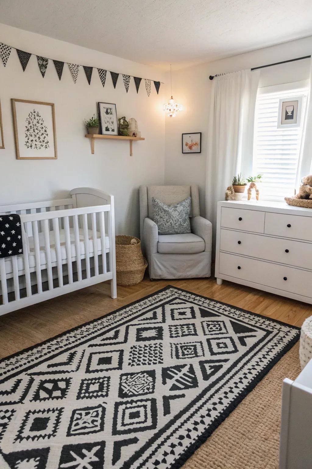 A nursery featuring a stylish dark and light theme.