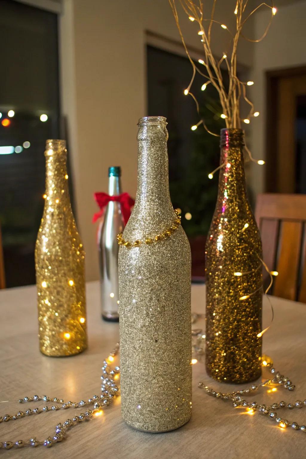 Do-It-Yourself shimmer vessels introduce a glimmering accent to the New Year's Eve decor.