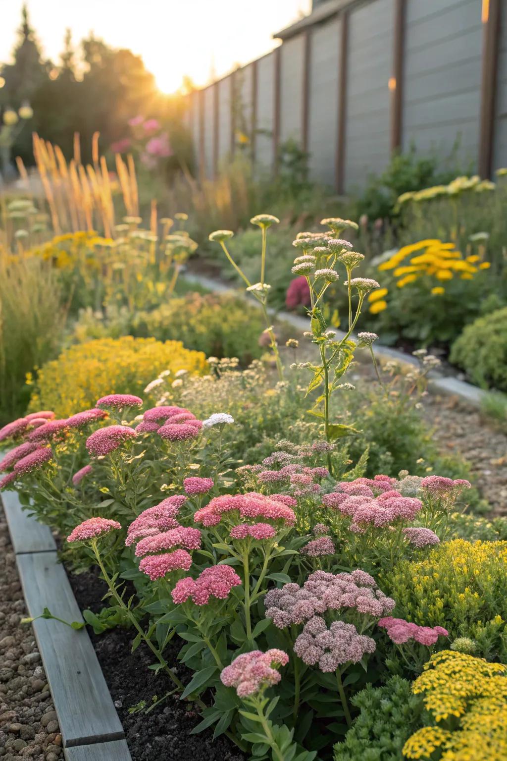 Self-sustaining perennials in full bloom, filled with bright color.
