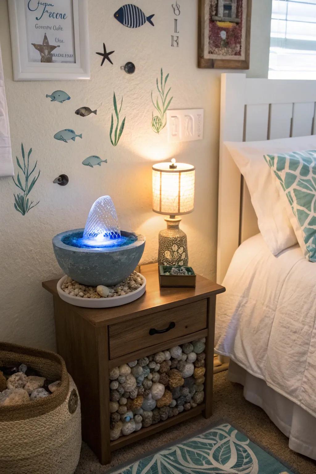 A water feature adds a calming auditory element to your ocean-themed bedroom.