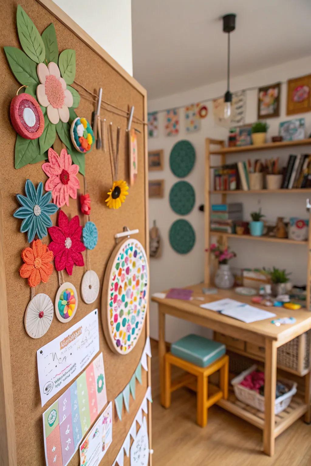 A craft room display board presenting DIY works.