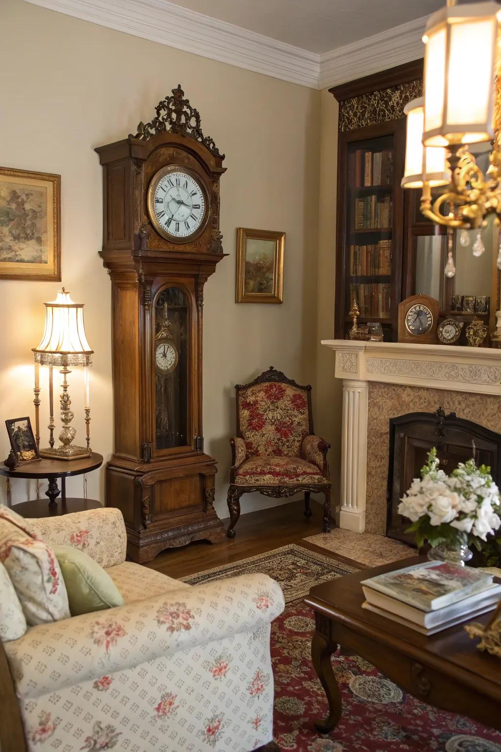 Vintage clocks add charm and function.