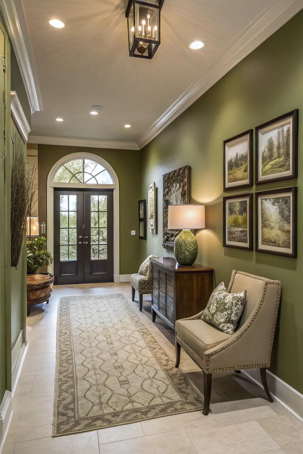 A welcoming entryway featuring chic leafy green walls.