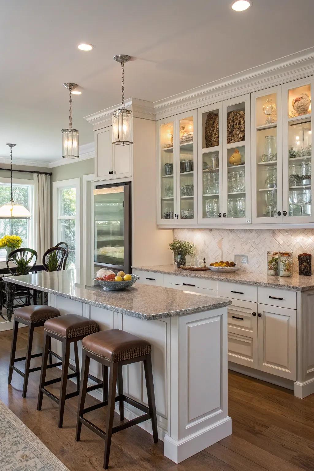 Glass cabinet fronts add openness and sophistication to the kitchen design.