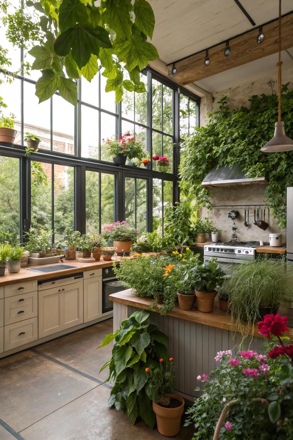 Vegetation introduces vitality and a natural touch to the cooking space.