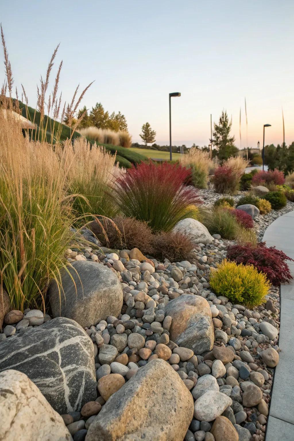 Decorative grasses give contrast in a rock garden setting.