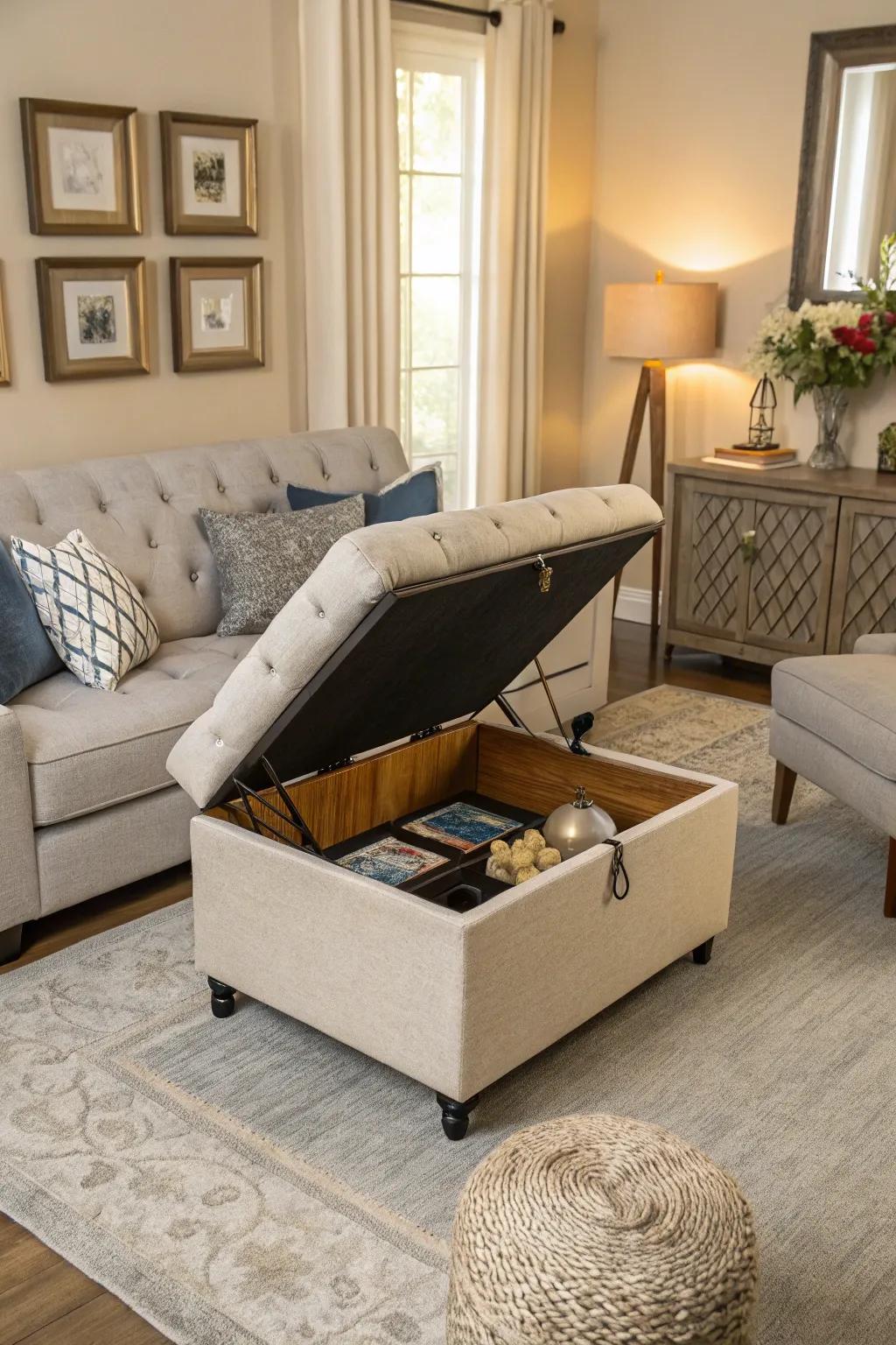 A multi-functional ottoman maximizes efficiency in smaller living spaces.