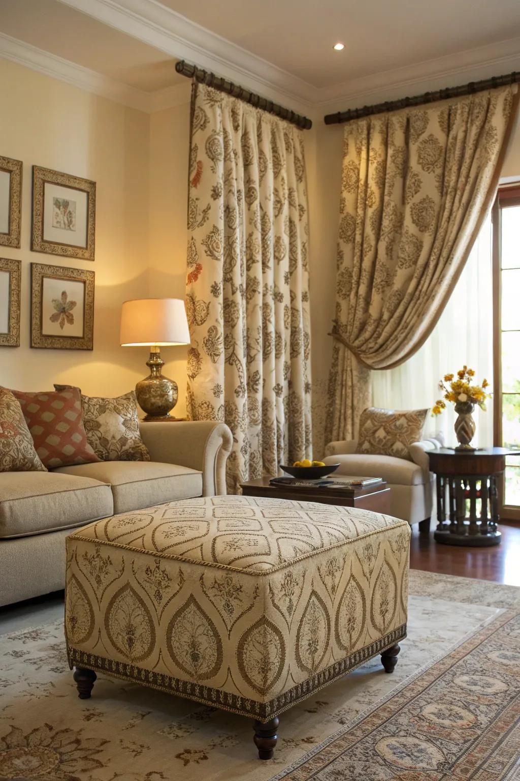 Coordinated ottoman and window treatments for a unified look