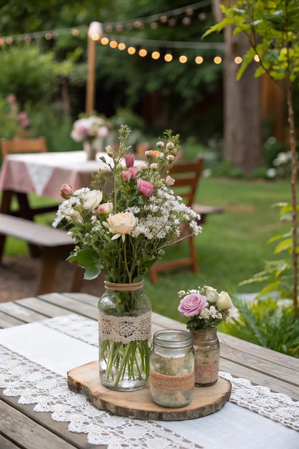 Storage jars with blossoms provide a simple and delightful style choice.