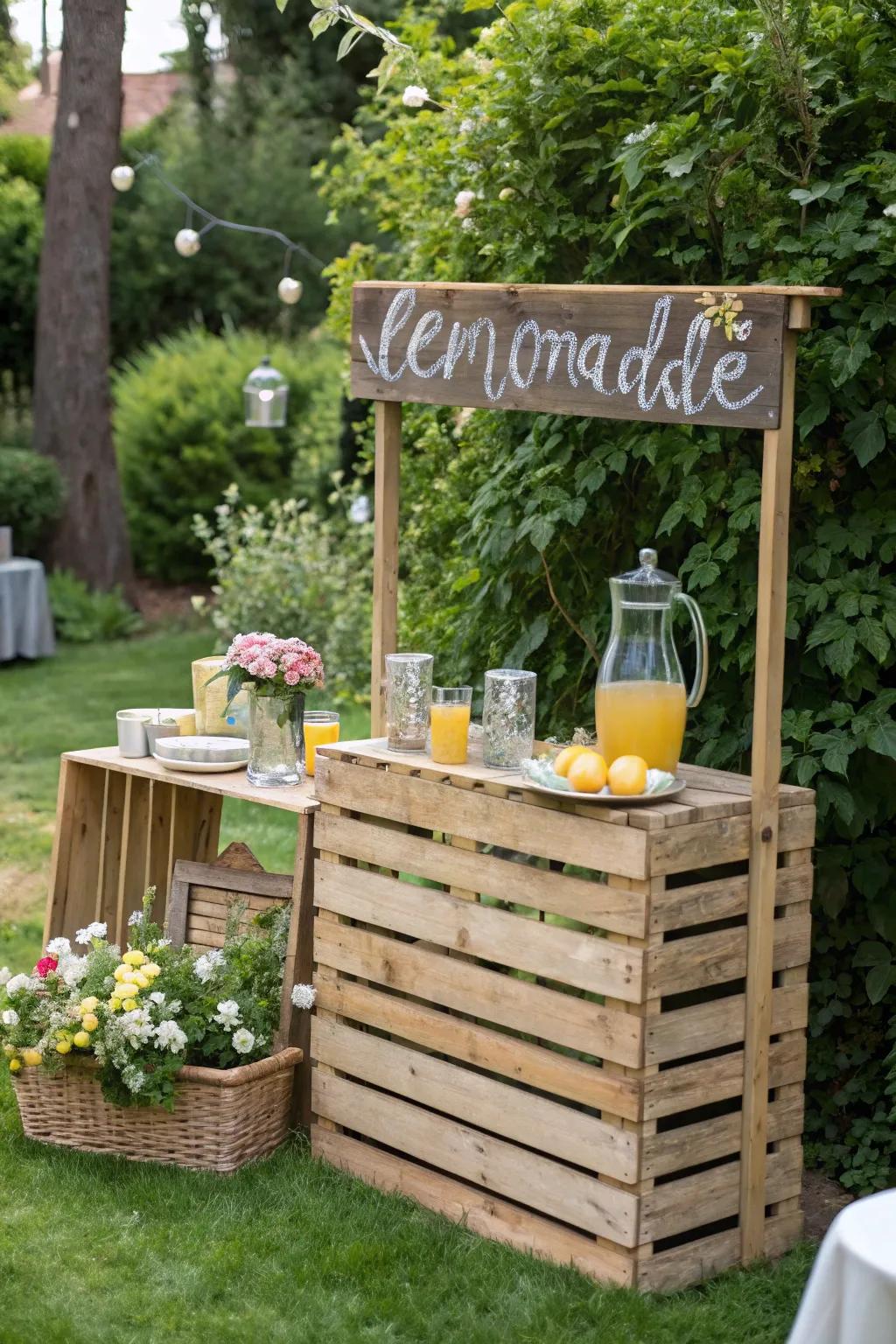 A citrus refreshment booth contributes nostalgic charm to alfresco celebrations.