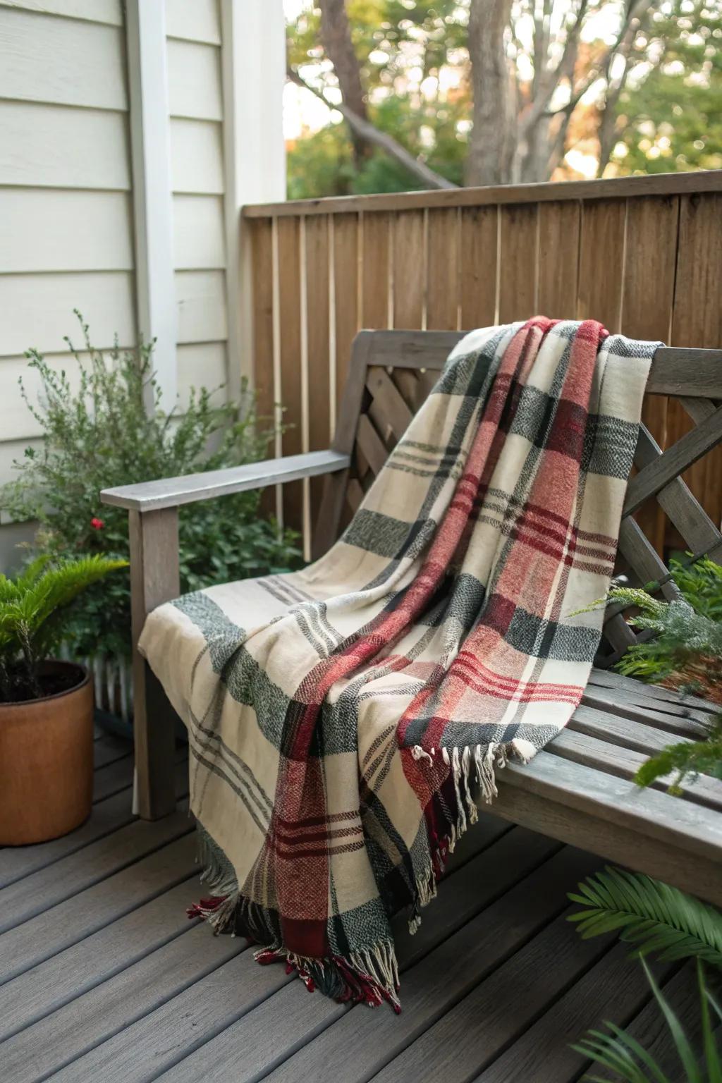 A plaid blanket introduces warmth and texture to the outdoor seating.