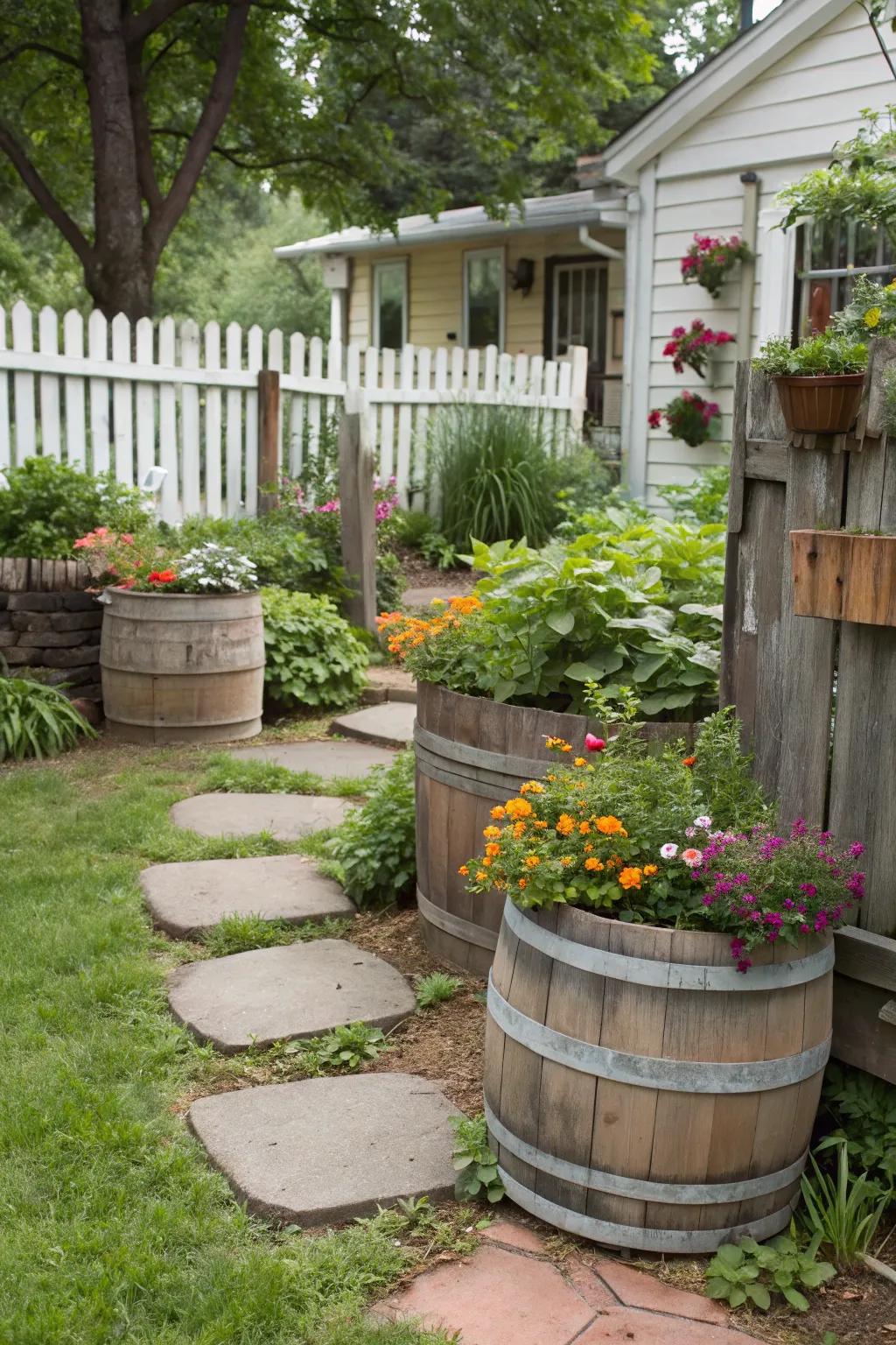 Reclaimed containers injecting charm and peculiarity into the garden.