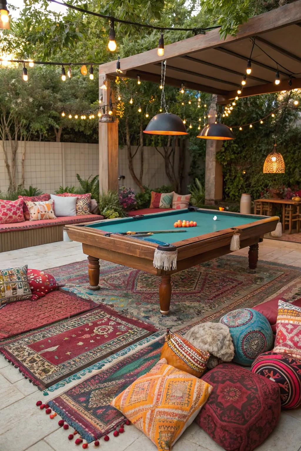 A bohemian-style game table area featuring eclectic and colorful decor.
