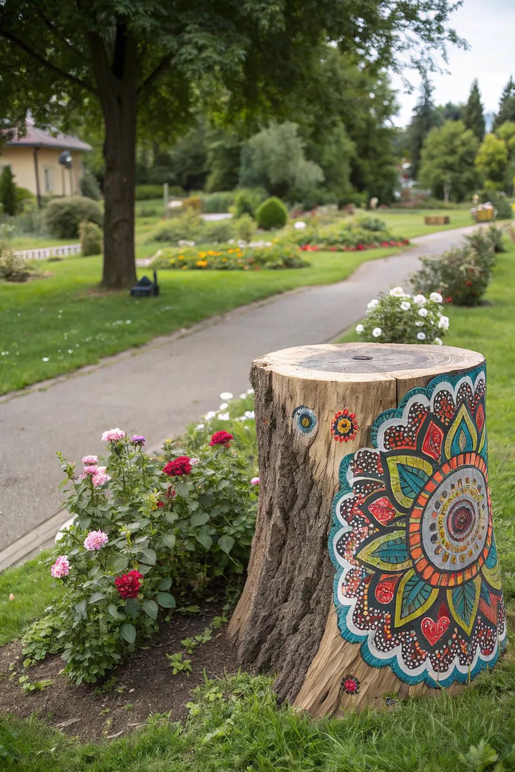 A hued stump becomes a personalized section of garden artistry.