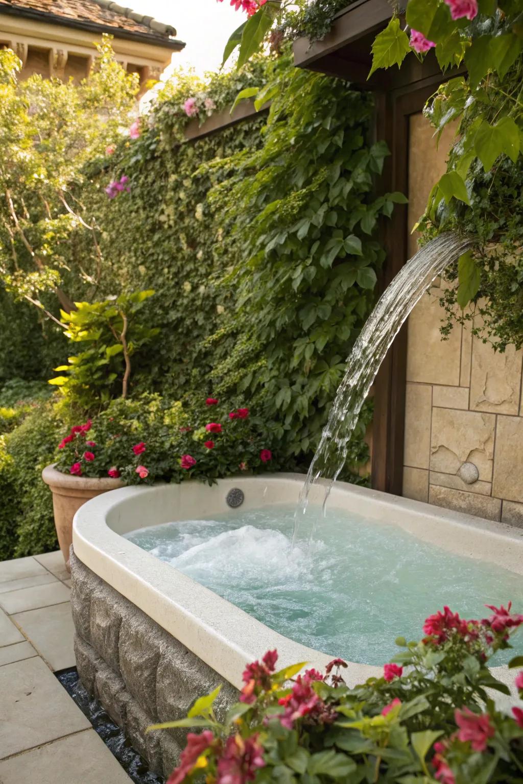Elevate tranquility through a cascading water feature next to your tub.