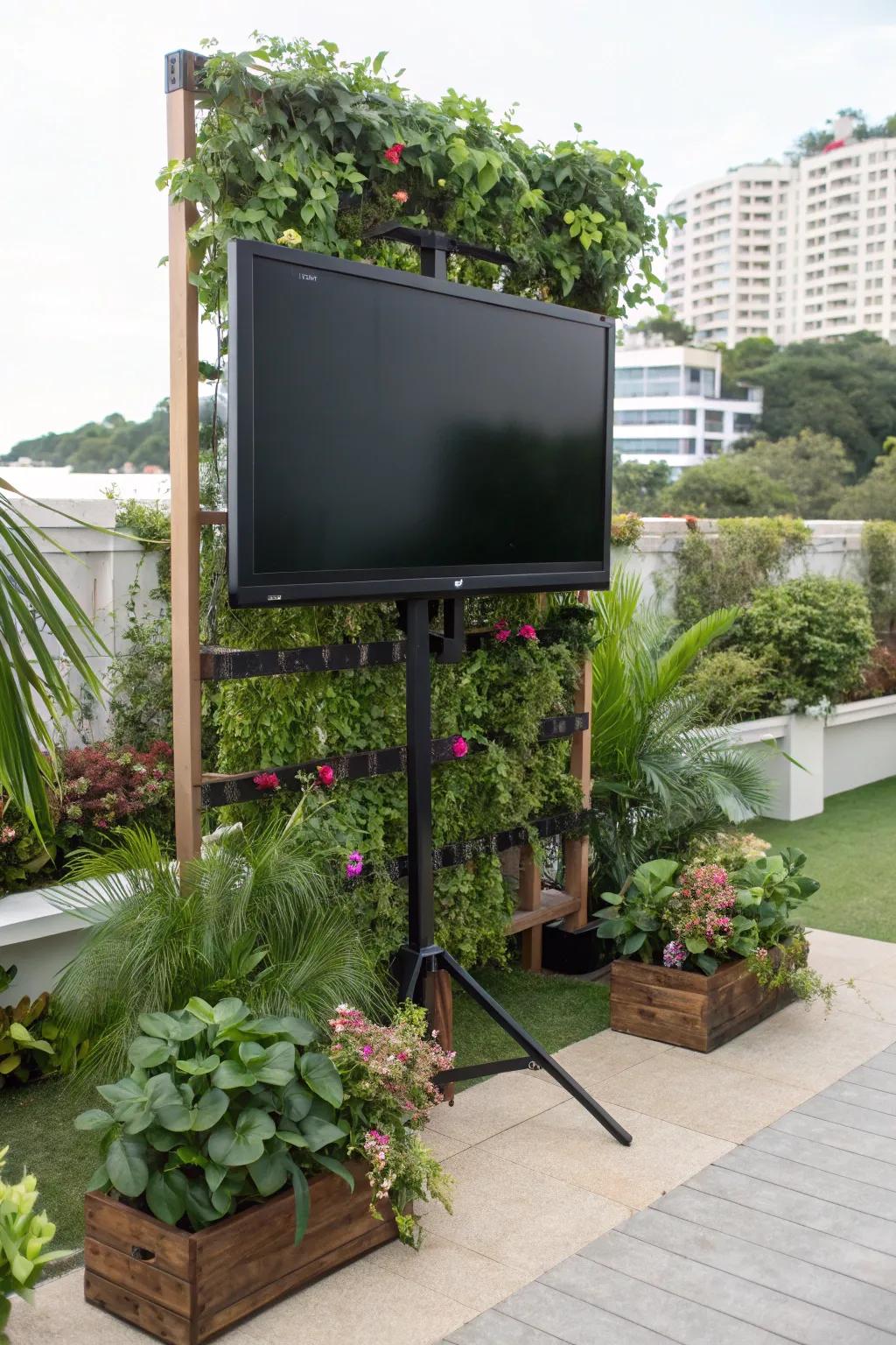 A vertical garden appends lush verdure and elevates your outdoor television area.