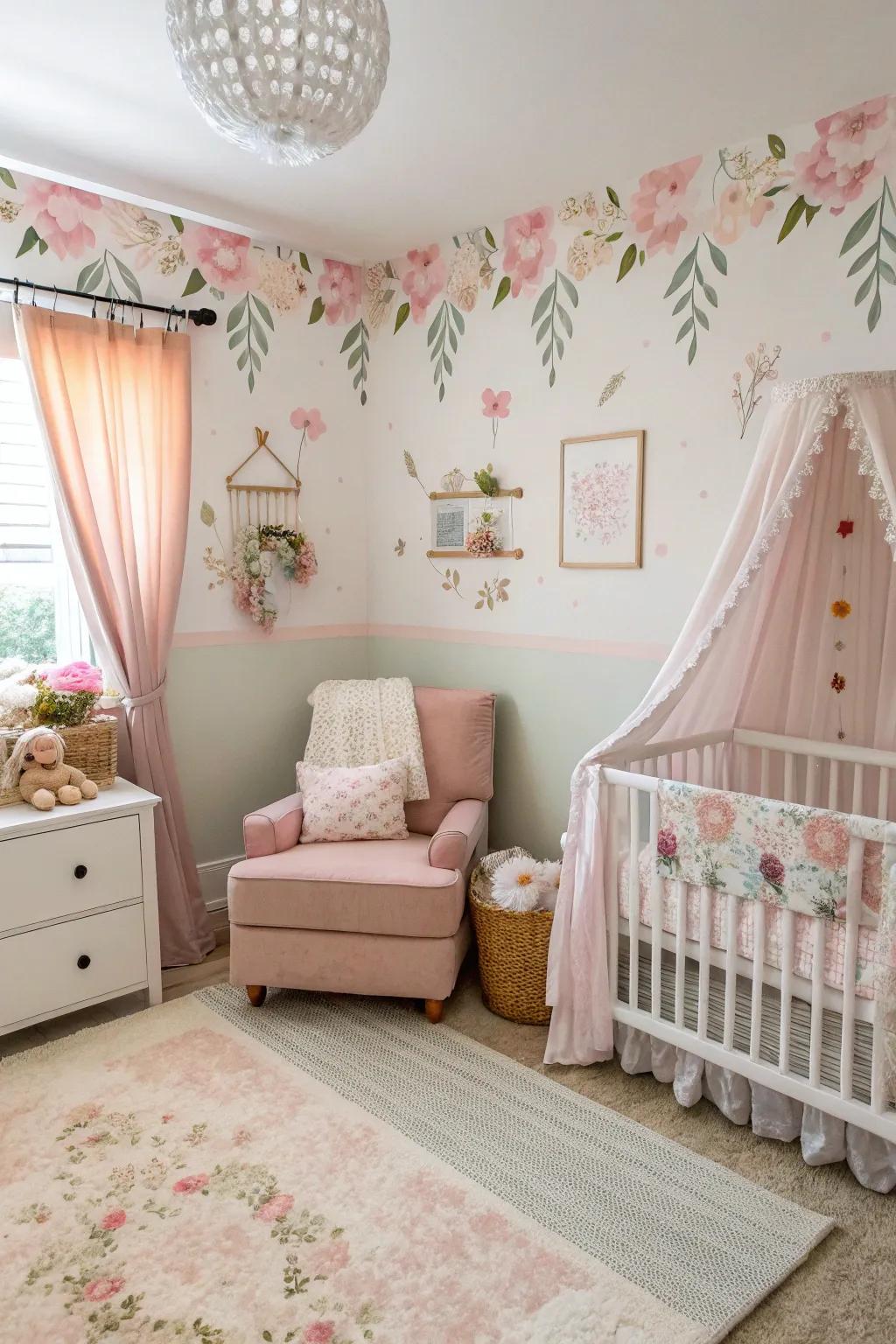 Floral hues foster a majestic and restful ambiance within the nursery.