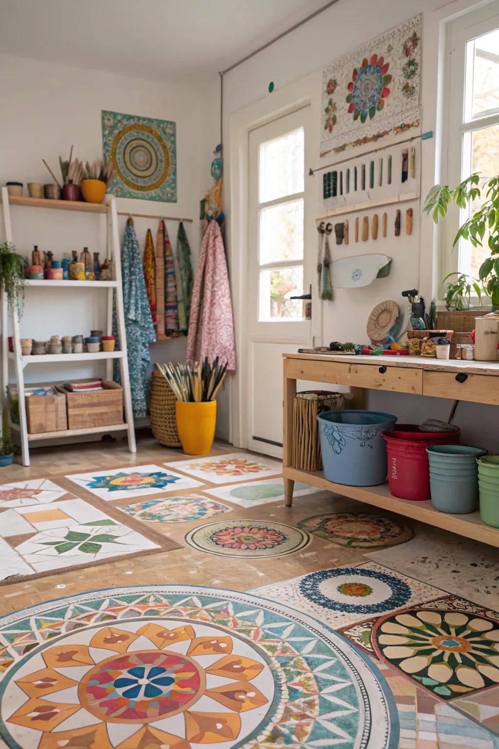 Mosaic patterns transmute floors into artistic canvases.