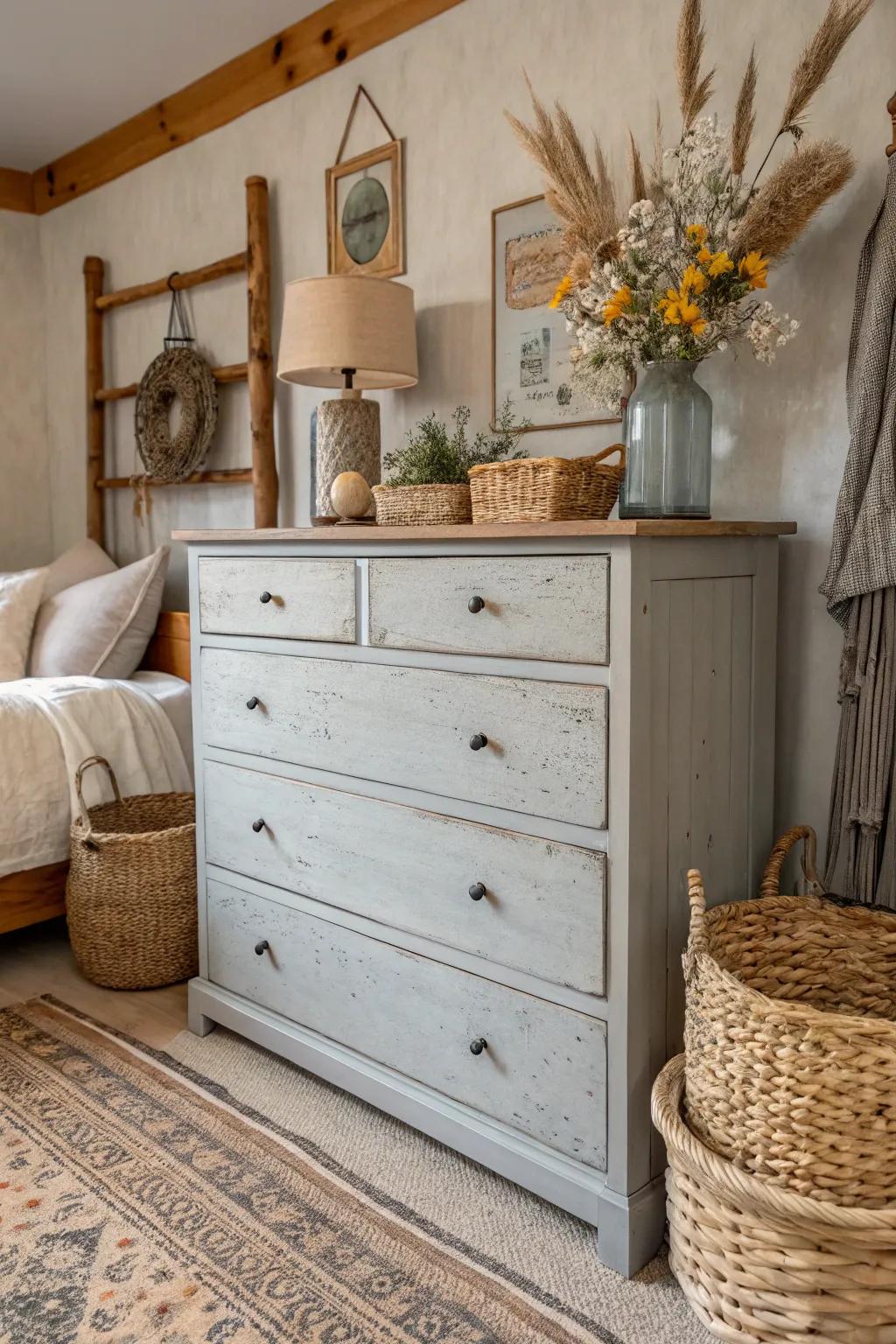 A aged gray dresser adds rustic charm and character.