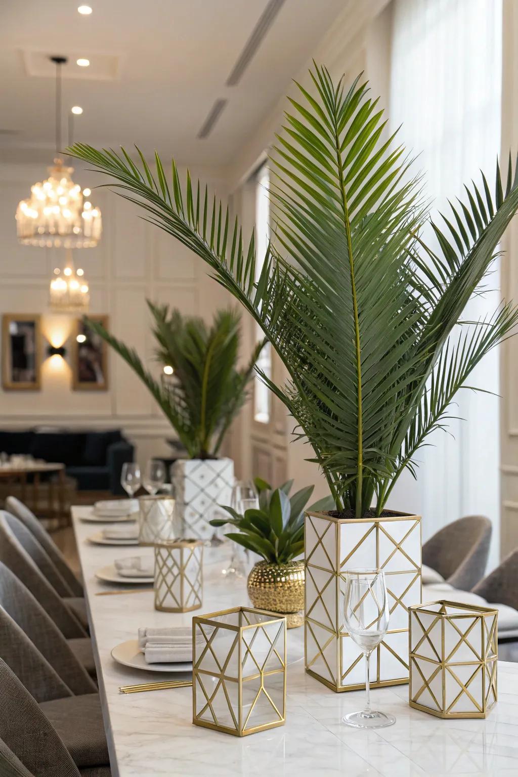 Geometrical vessels introduce a modern spin to frond table centerpieces.