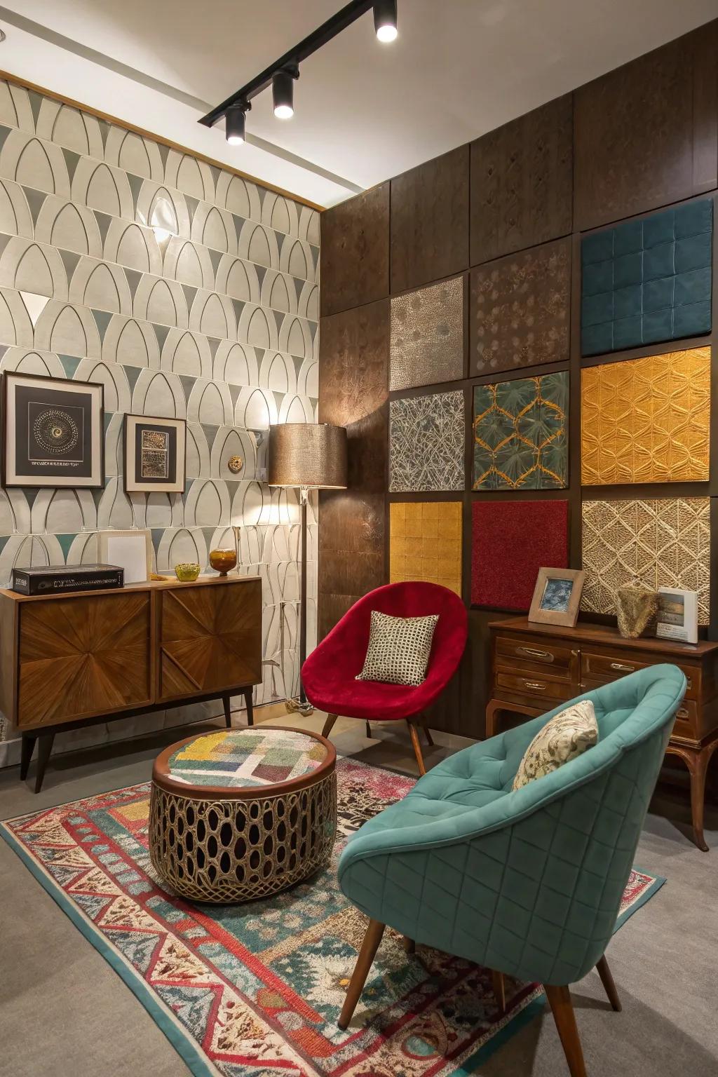 Room showcasing eclectic asymmetric panel designs.