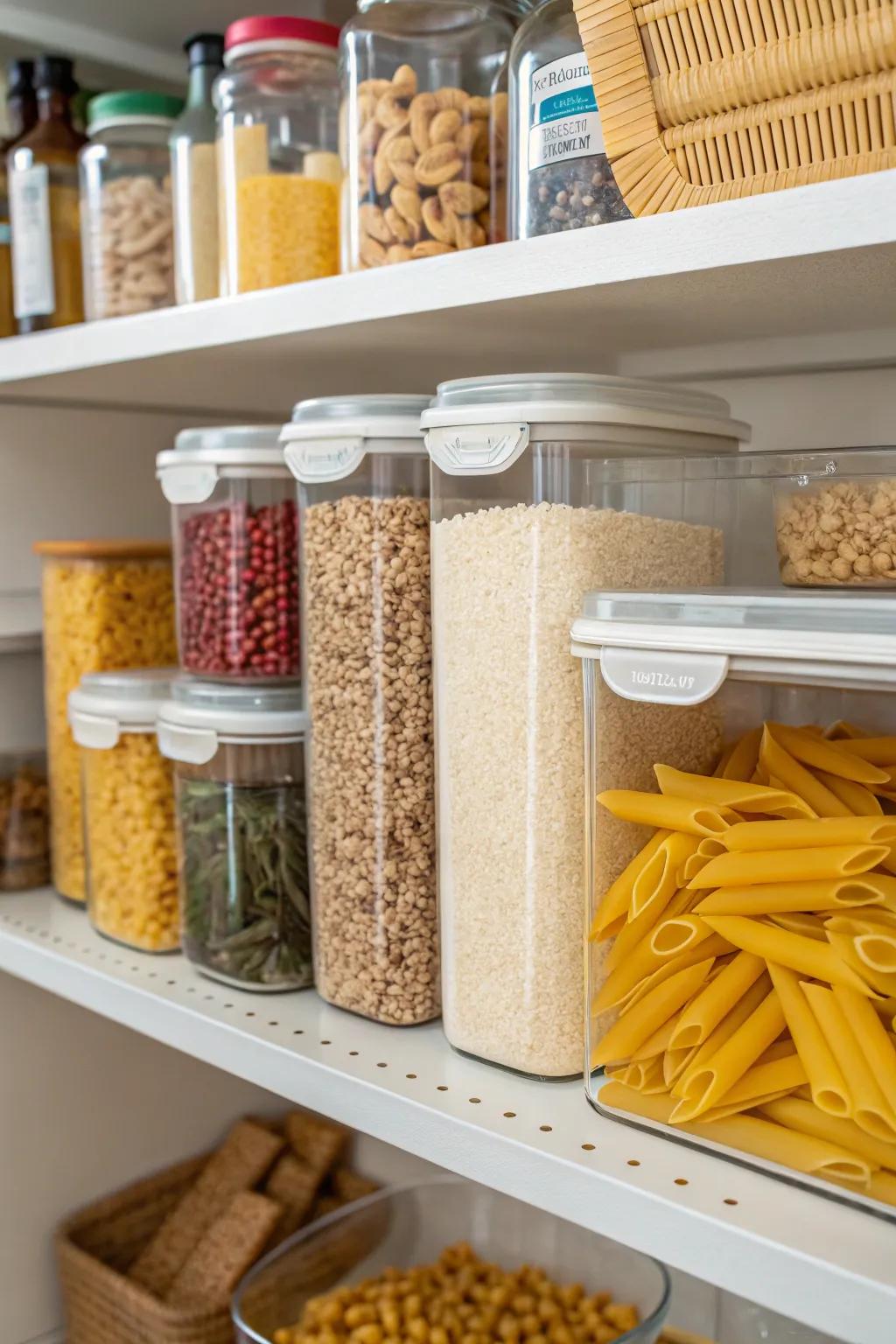 A pantry shelf arranged with see-through containers filled with grains and pasta.