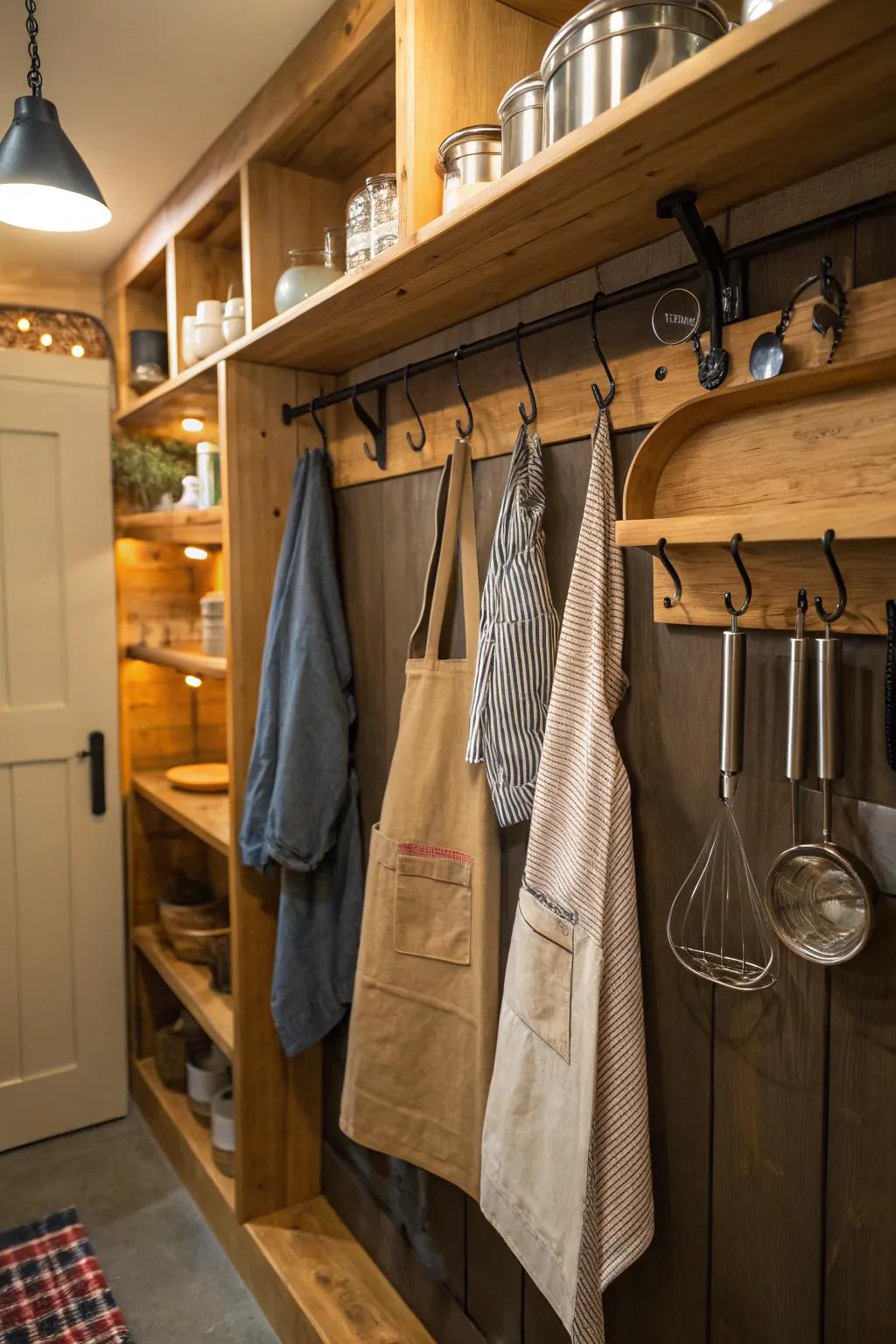 Hooks inside a pantry provide added sorting for suspending articles and optimize area.