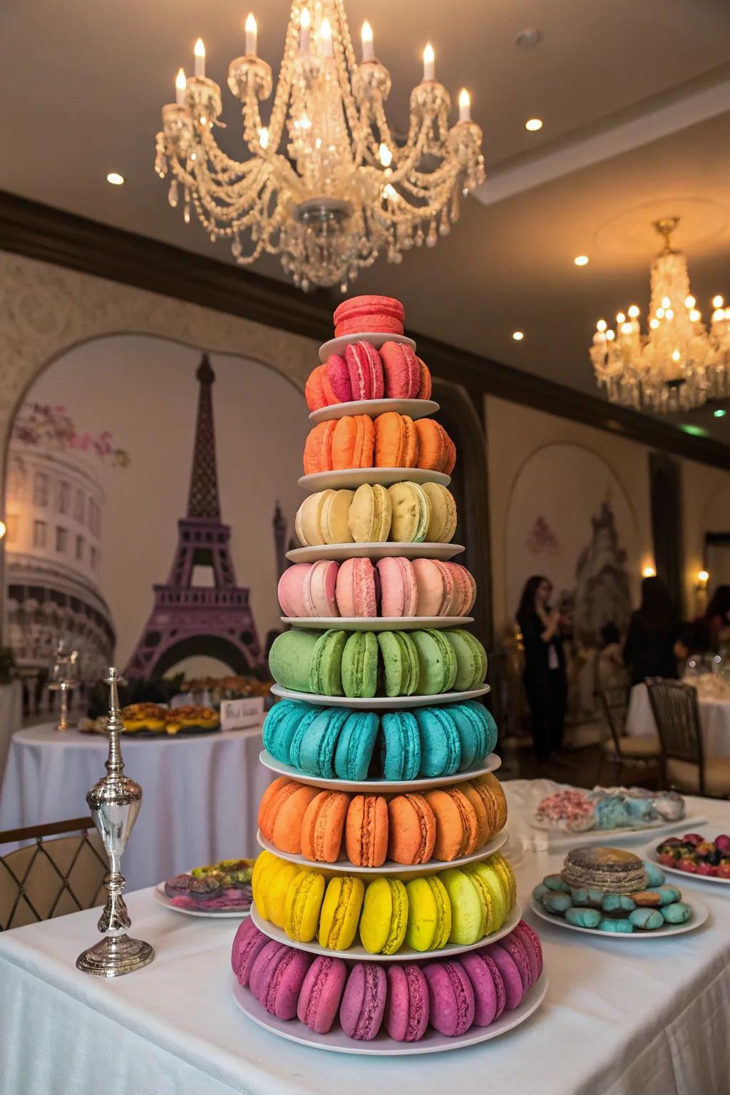 A stylish macaron tower acts as a vibrant and graceful centerpiece.