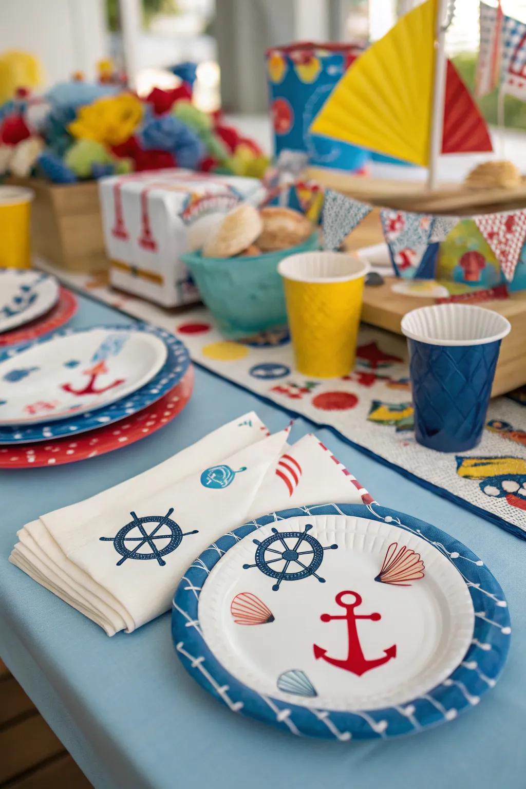 Nautical-themed tableware setting the vibe for a seaside-inspired table