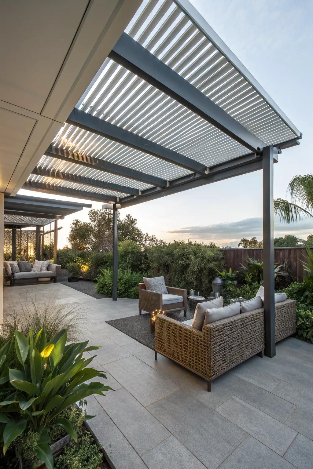 Louvered roofs guarantee versatile shading solutions for modern patios.