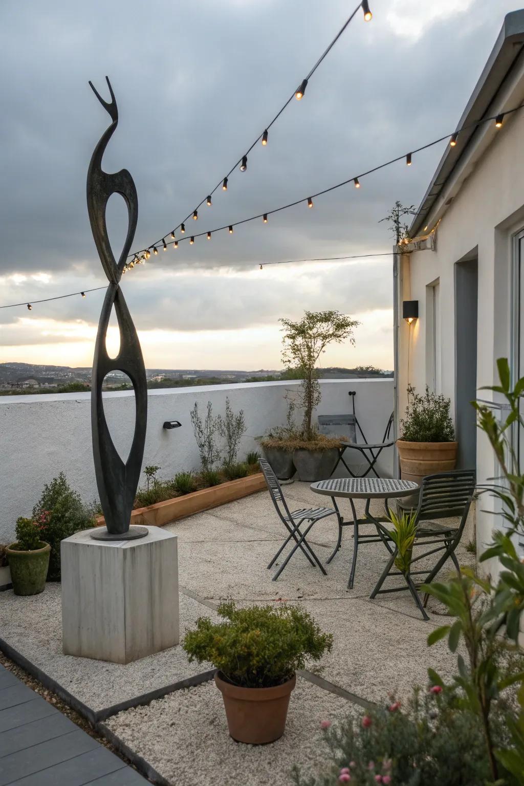 A patio gains personality and focus from an art installation.