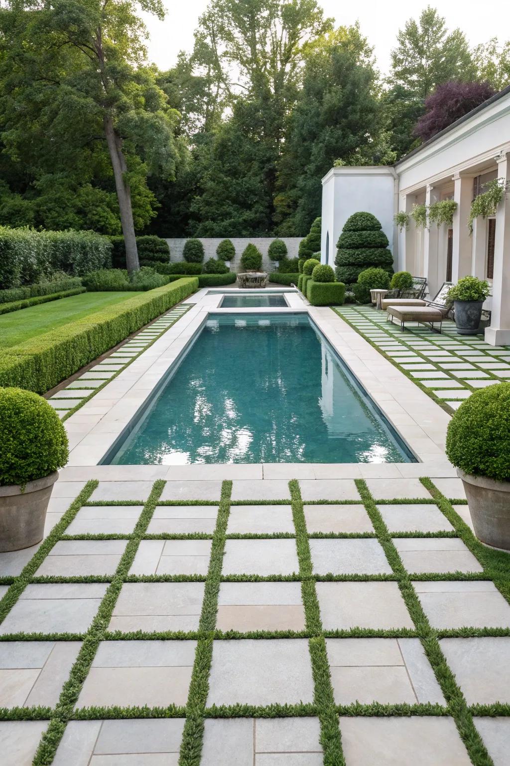 Symmetrical paver layouts offer balance and visual calmness.