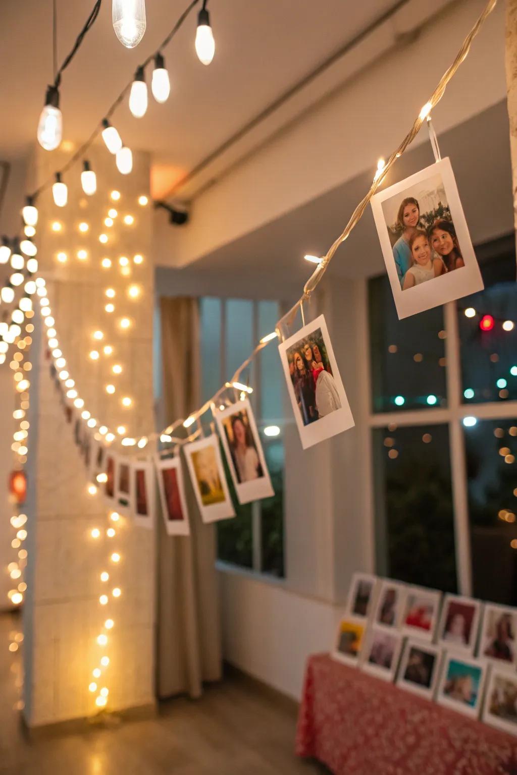 Light banners with photos add a festive vibe.