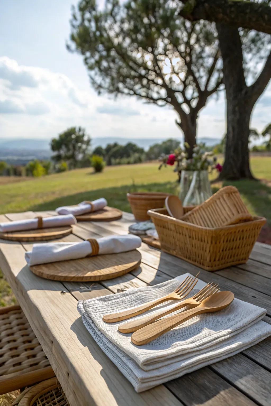 Natural materials like bamboo and linen offer an eco-conscious elegance to this table.
