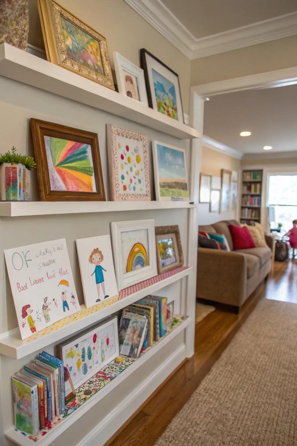 Display ledges feature children's artwork.