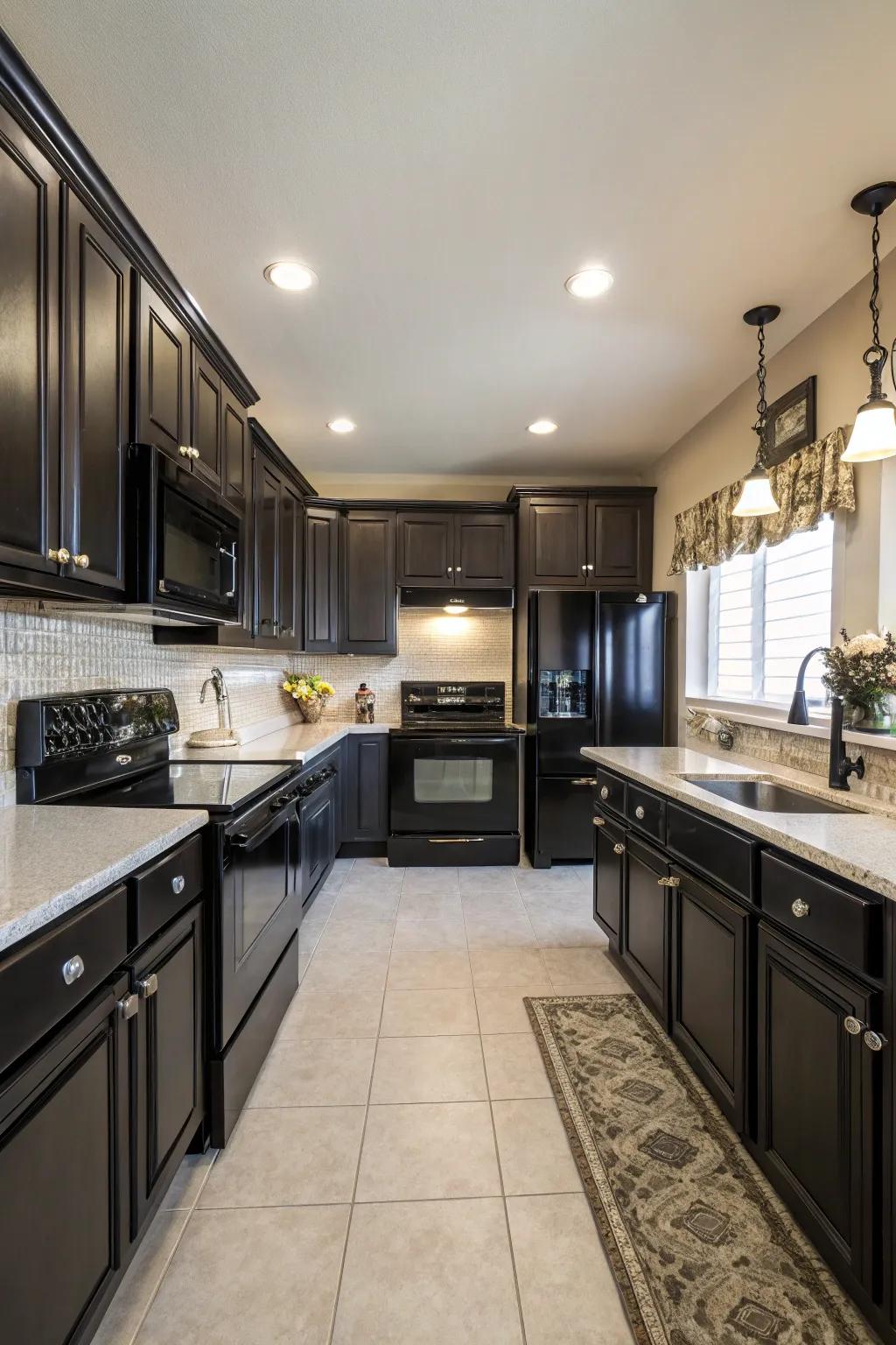 Symmetry and dark appliances craft a balanced space.