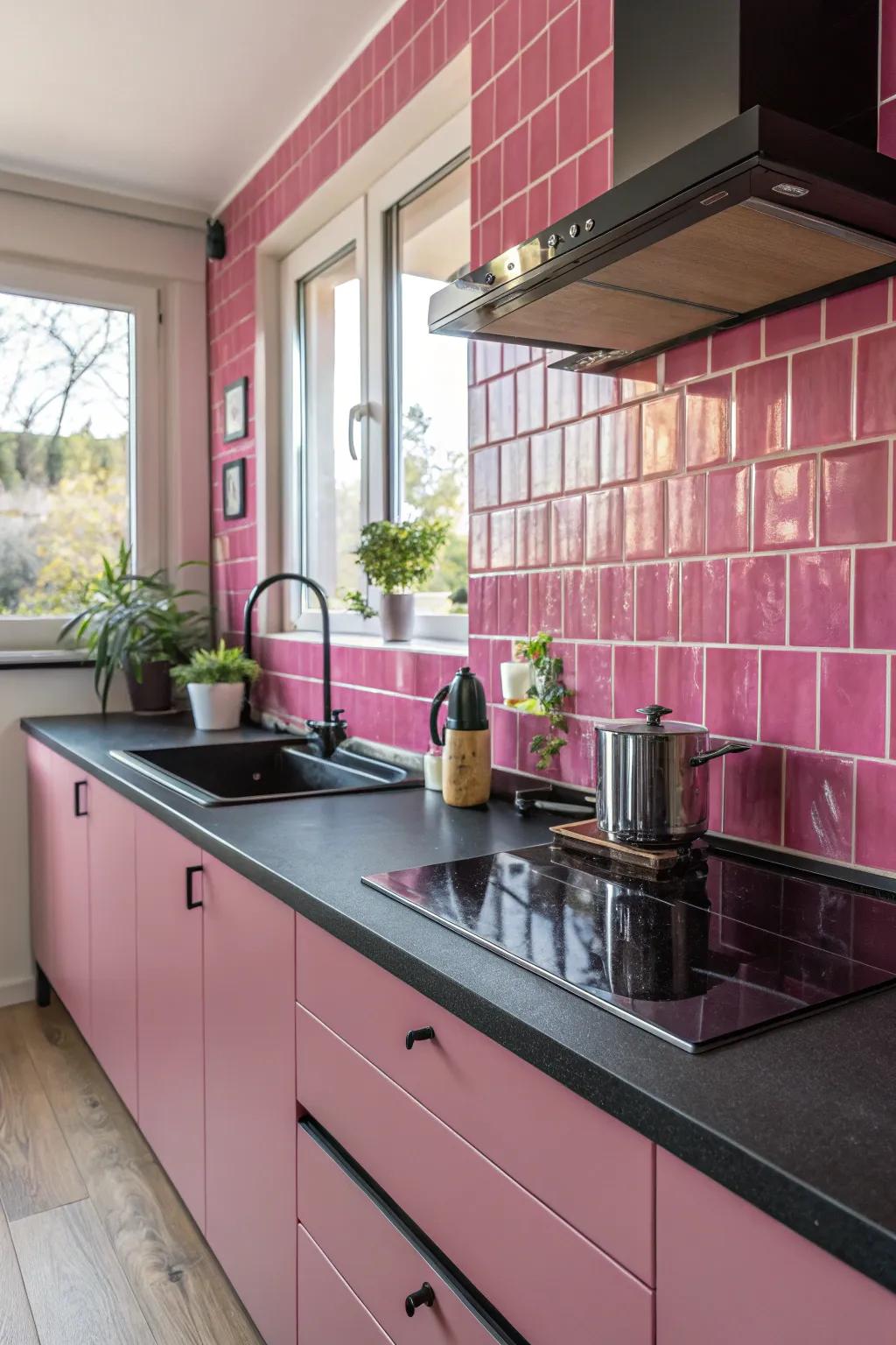 Charcoal worktops provide a sleek contrast to rose components.