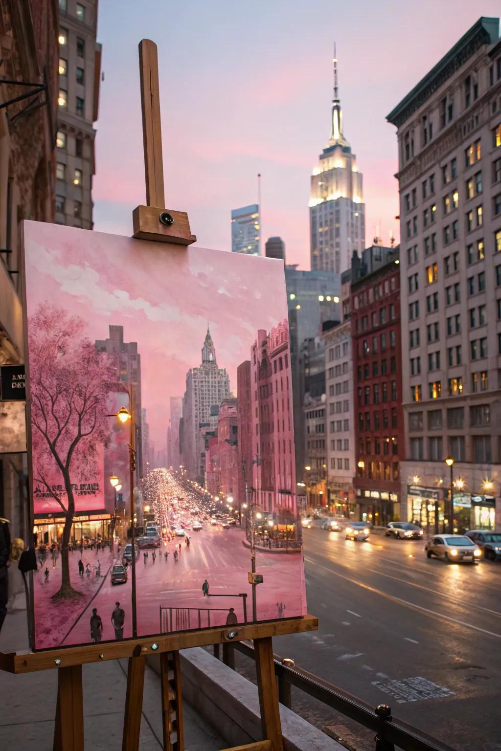 Energetic urban cityscape artwork in rosy shades.