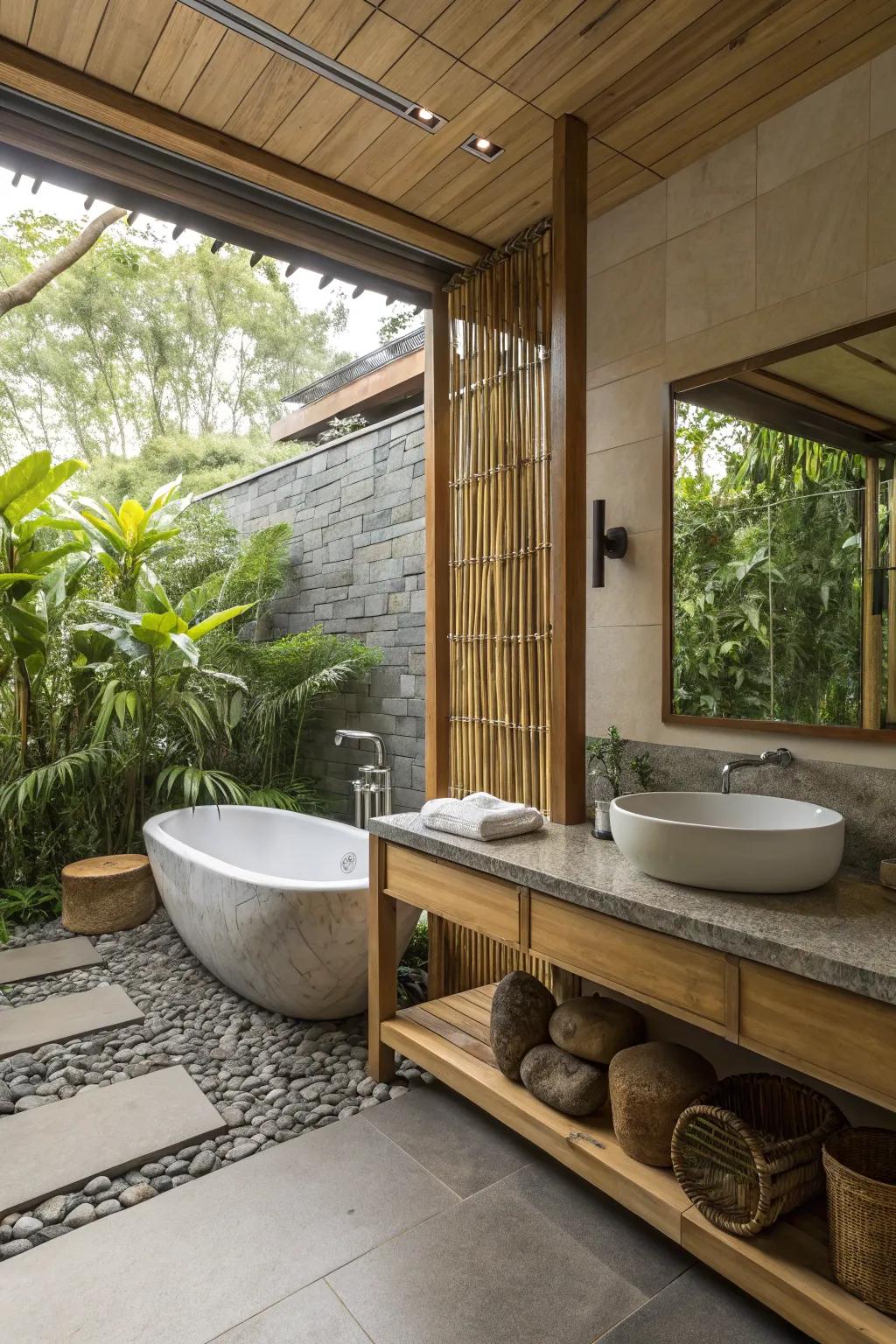 Natural elements bring tranquility to bathroom designs.