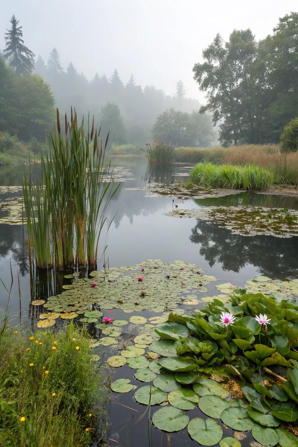 A water-based flora showcase featuring a variety of water and marginal plants.