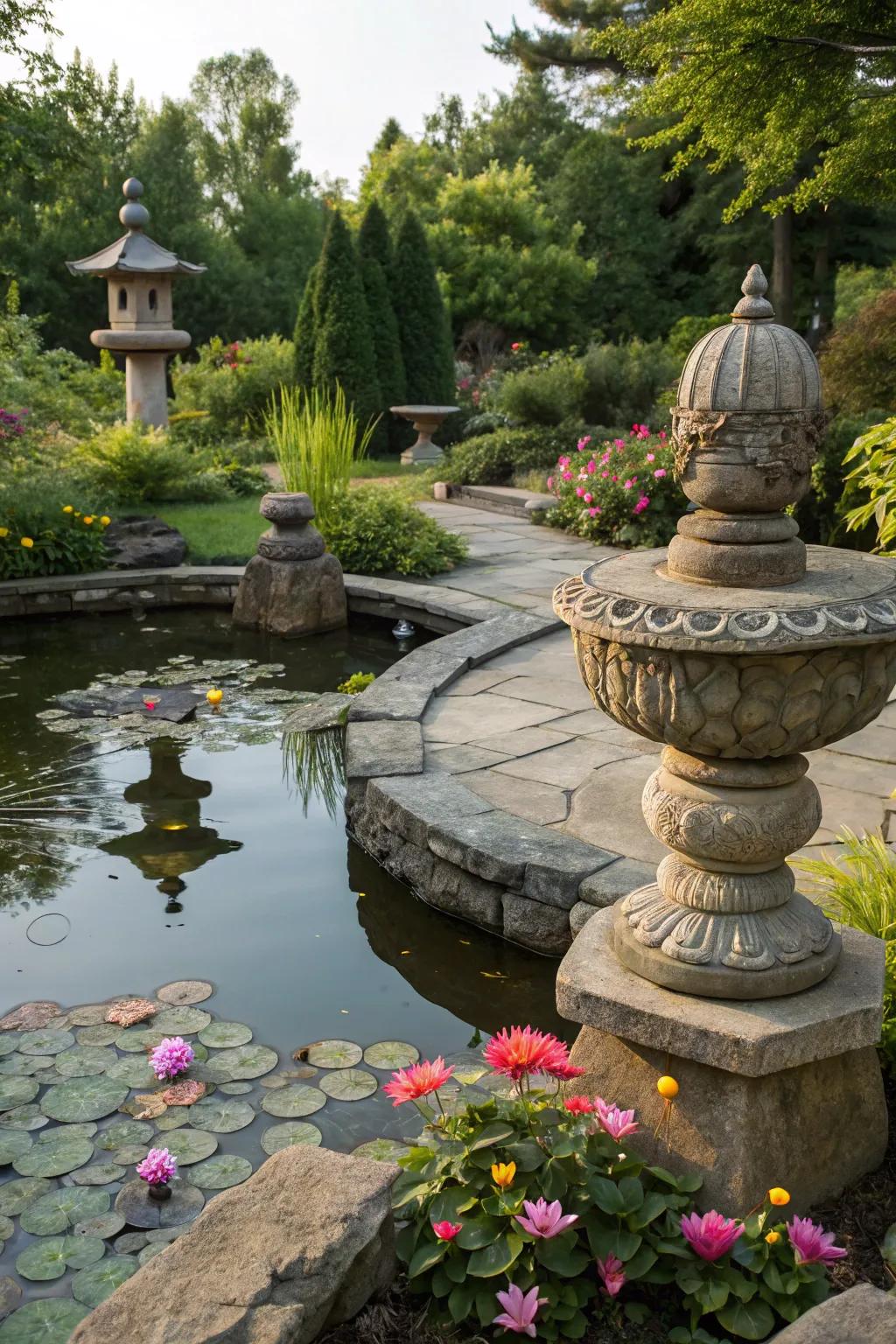 An adorned pond beautified using sculptures and ornaments.
