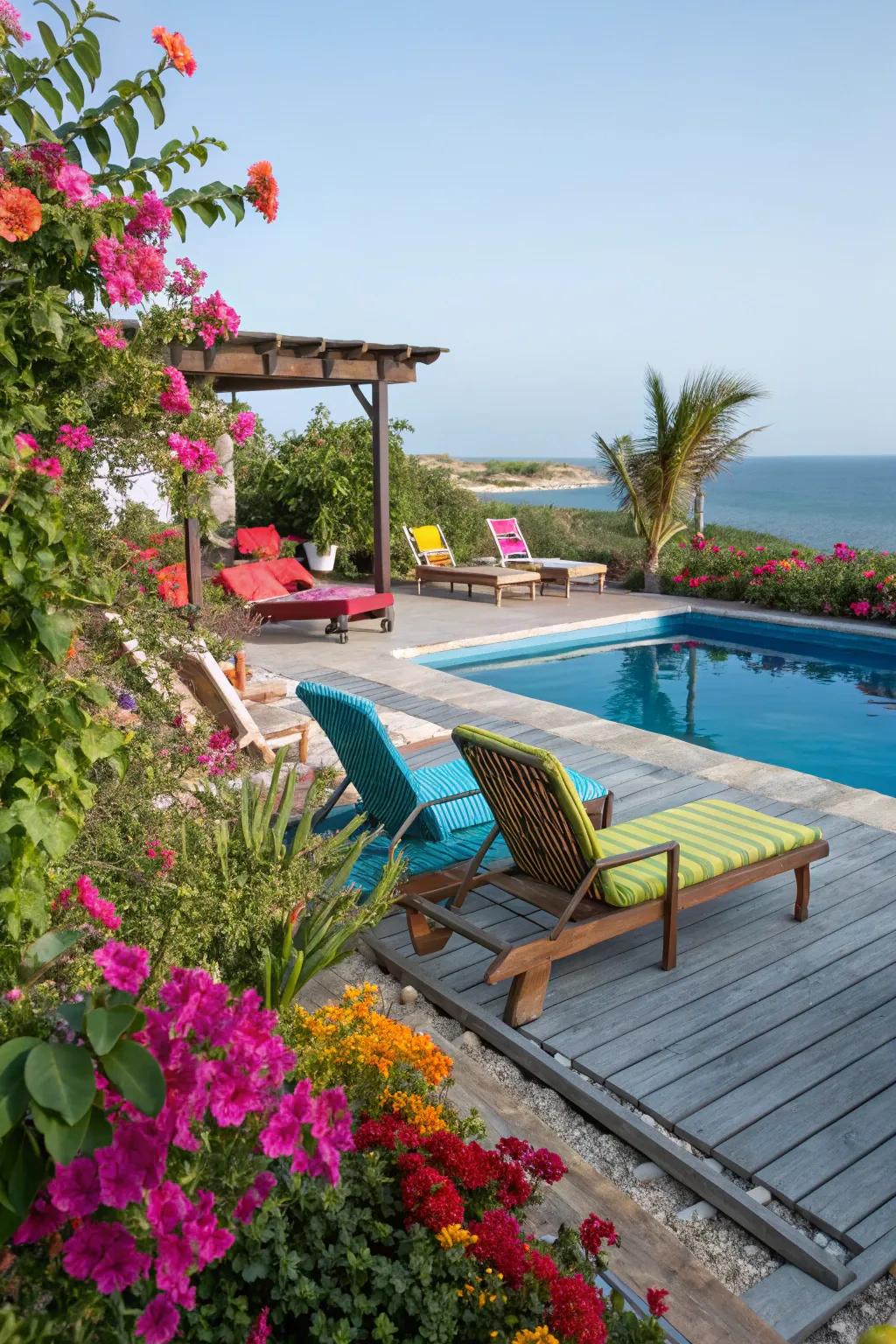 Vibrant highlights bring energy and vibrancy to poolside zones.