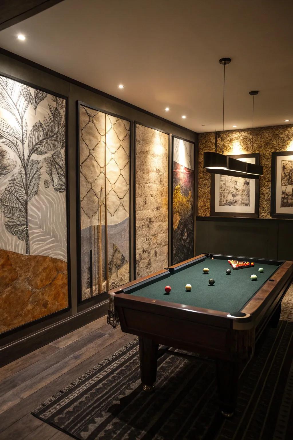 Artistic wall panels add depth and style to a small pool table room.