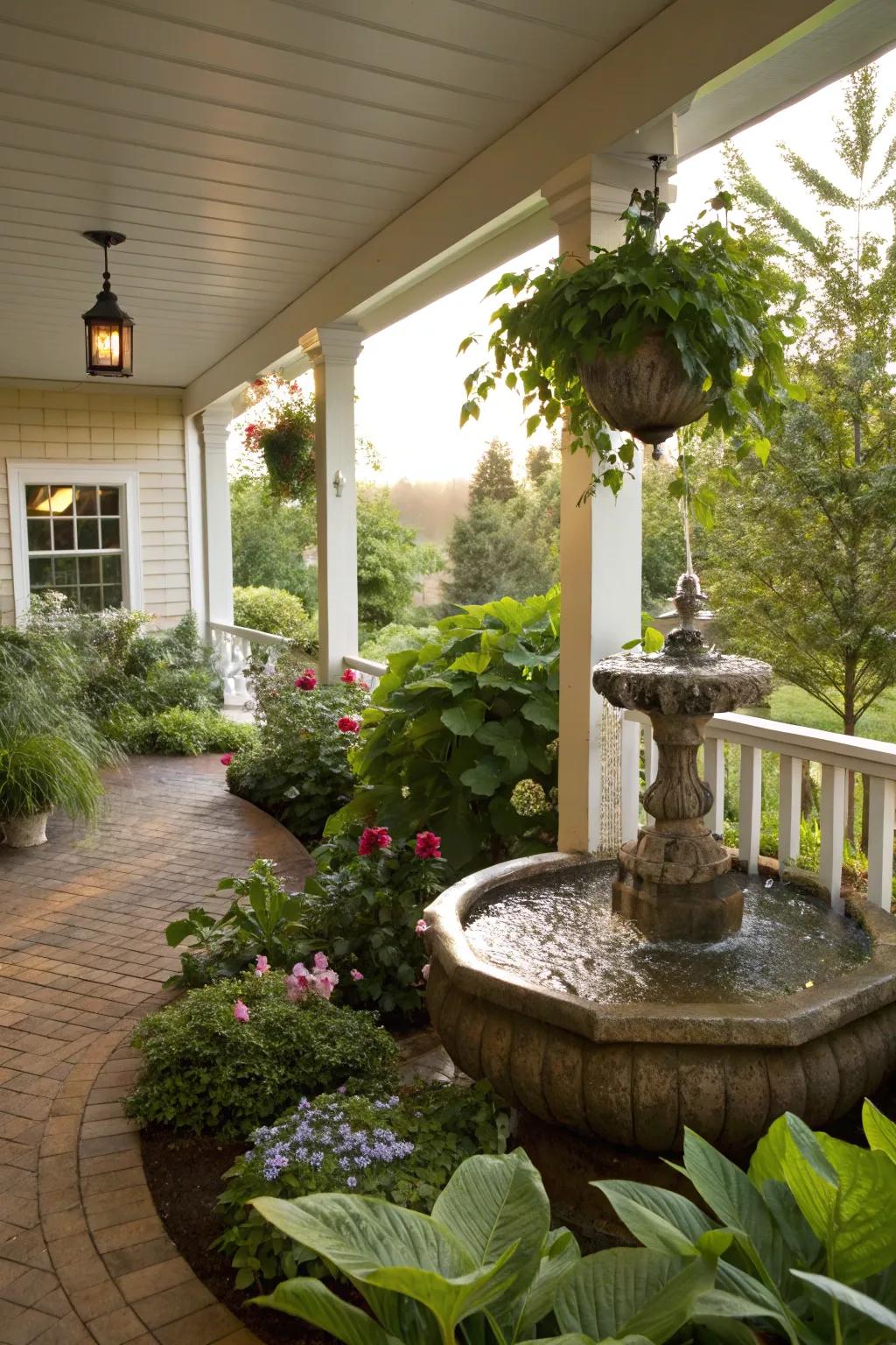 A porch expansion with a small water fountain.