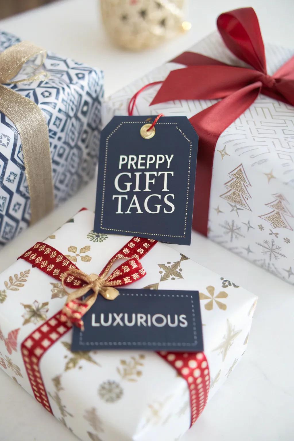 Classic style present labels add a hint of elegance to holiday presents.
